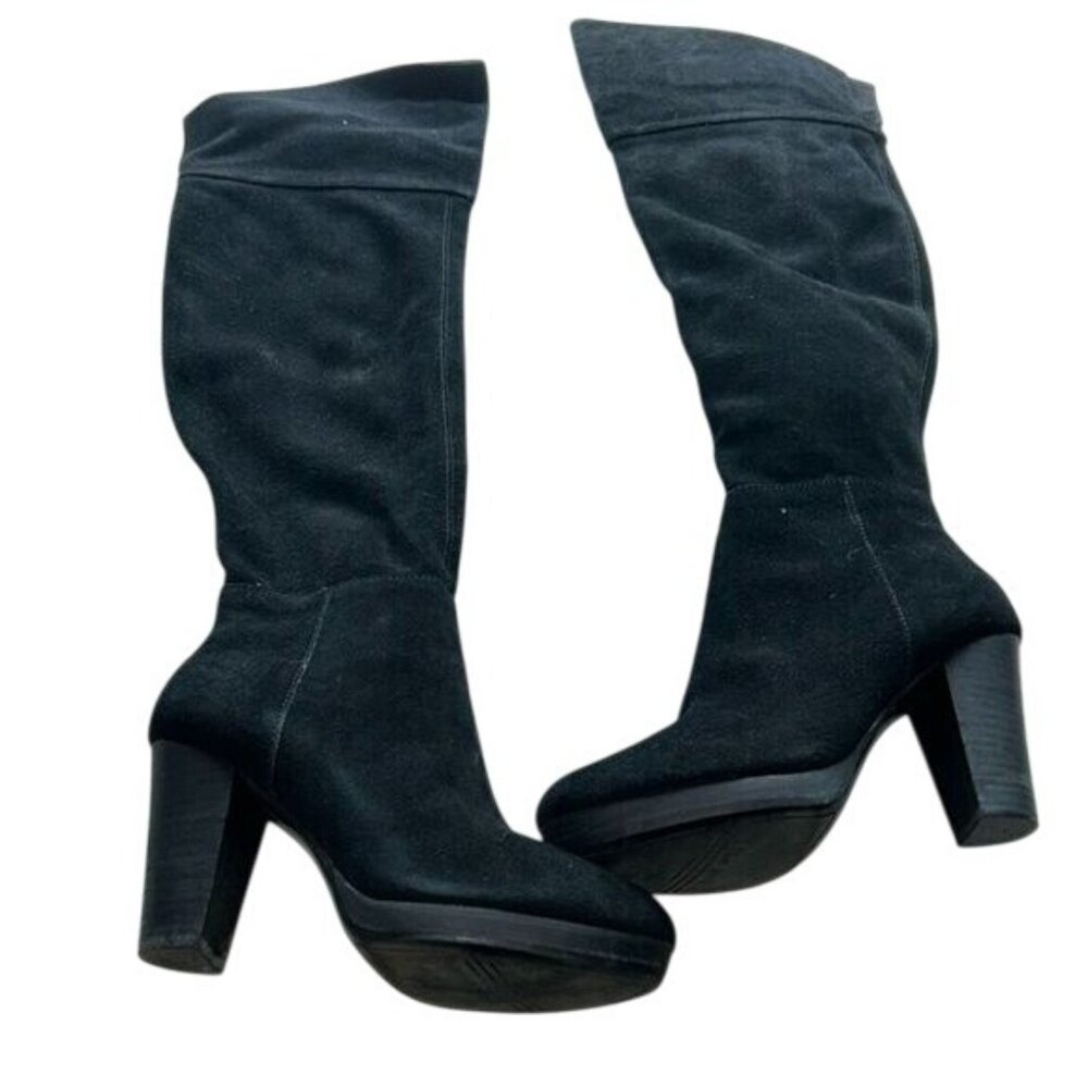 Nine West Nwaloysa Black Suede Knee-High Boots With Chunky Heels Side Zippers Wo